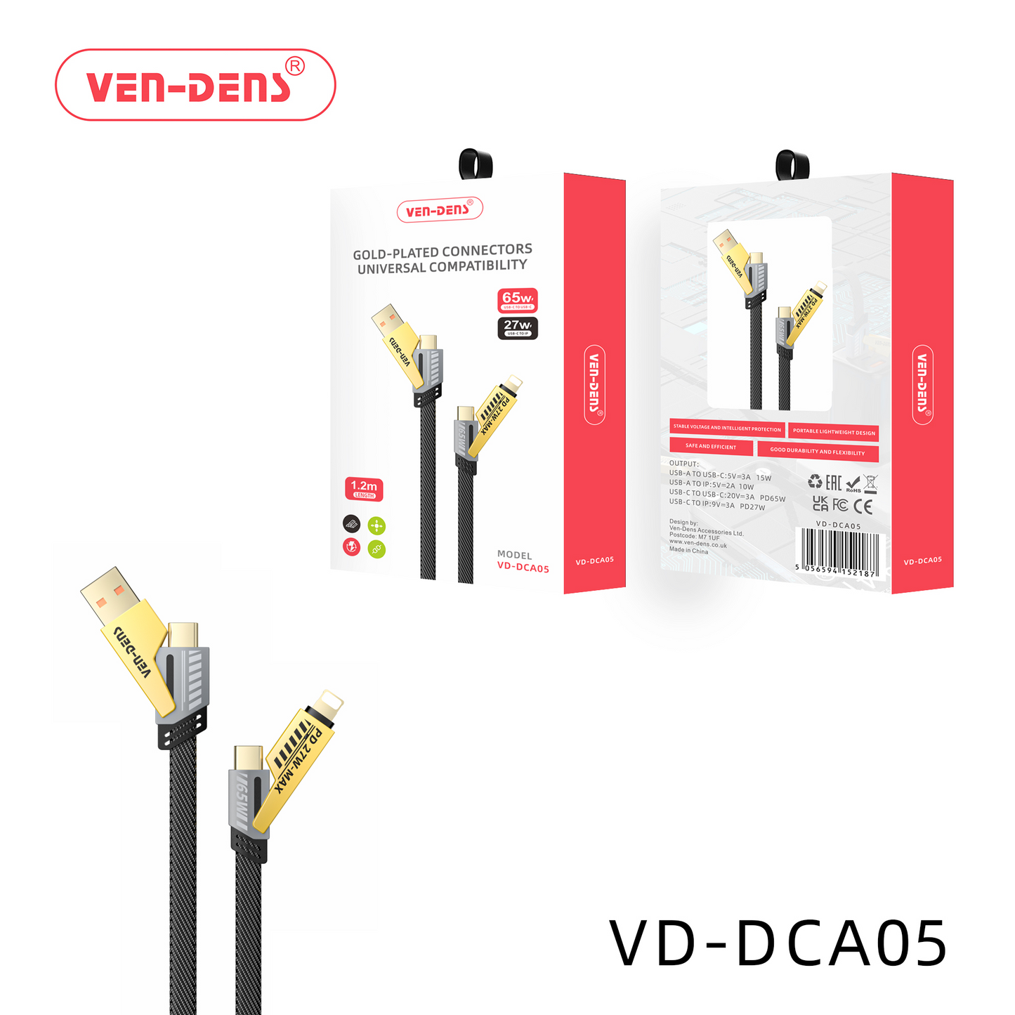 4 in 1 - 65W Gold Plated Connectors Type-C & Type-A to Type-C & iPhone Data Cable