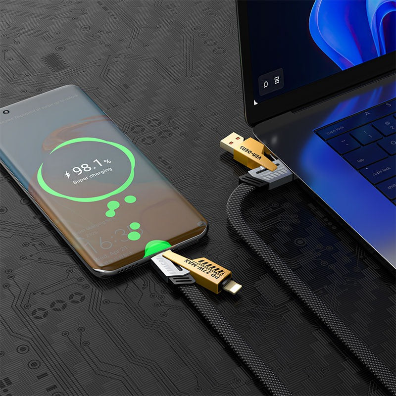 4 in 1 - 65W Gold Plated Connectors Type-C & Type-A to Type-C & iPhone Data Cable
