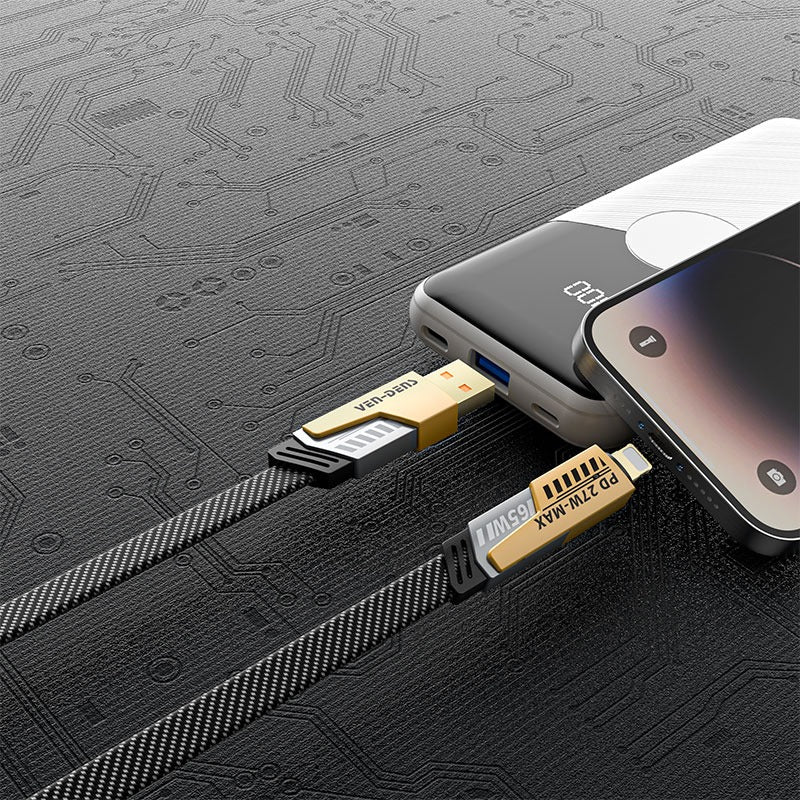 4 in 1 - 65W Gold Plated Connectors Type-C & Type-A to Type-C & iPhone Data Cable