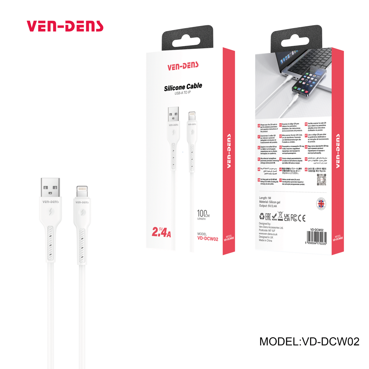 2.4A Silicone, Type-A to iPhone Charging cable