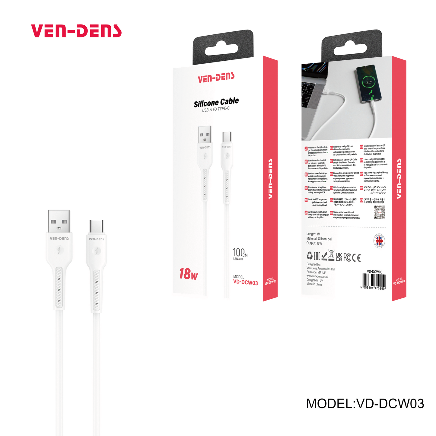 18W Type-A to Type-C Silicone Cable