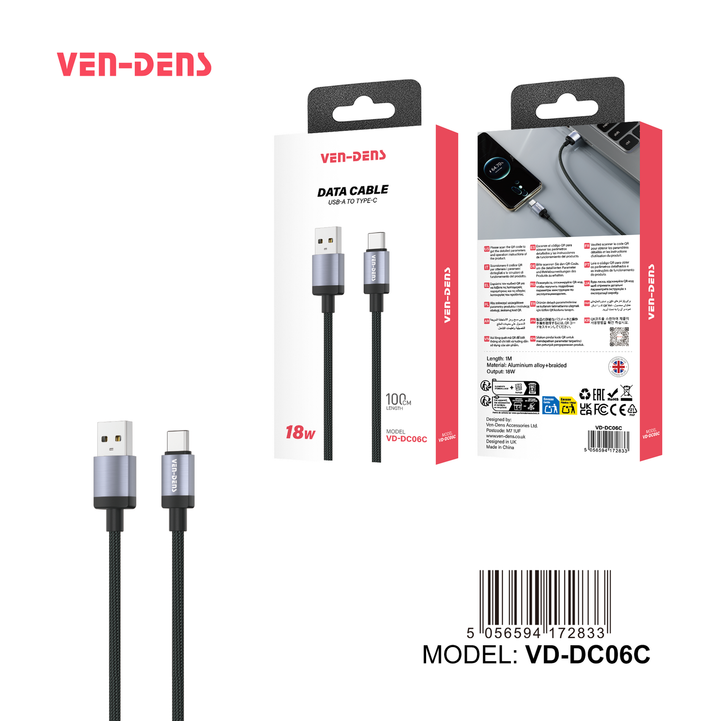 9V/2A 18W Type-A to Type-C Charging Cable